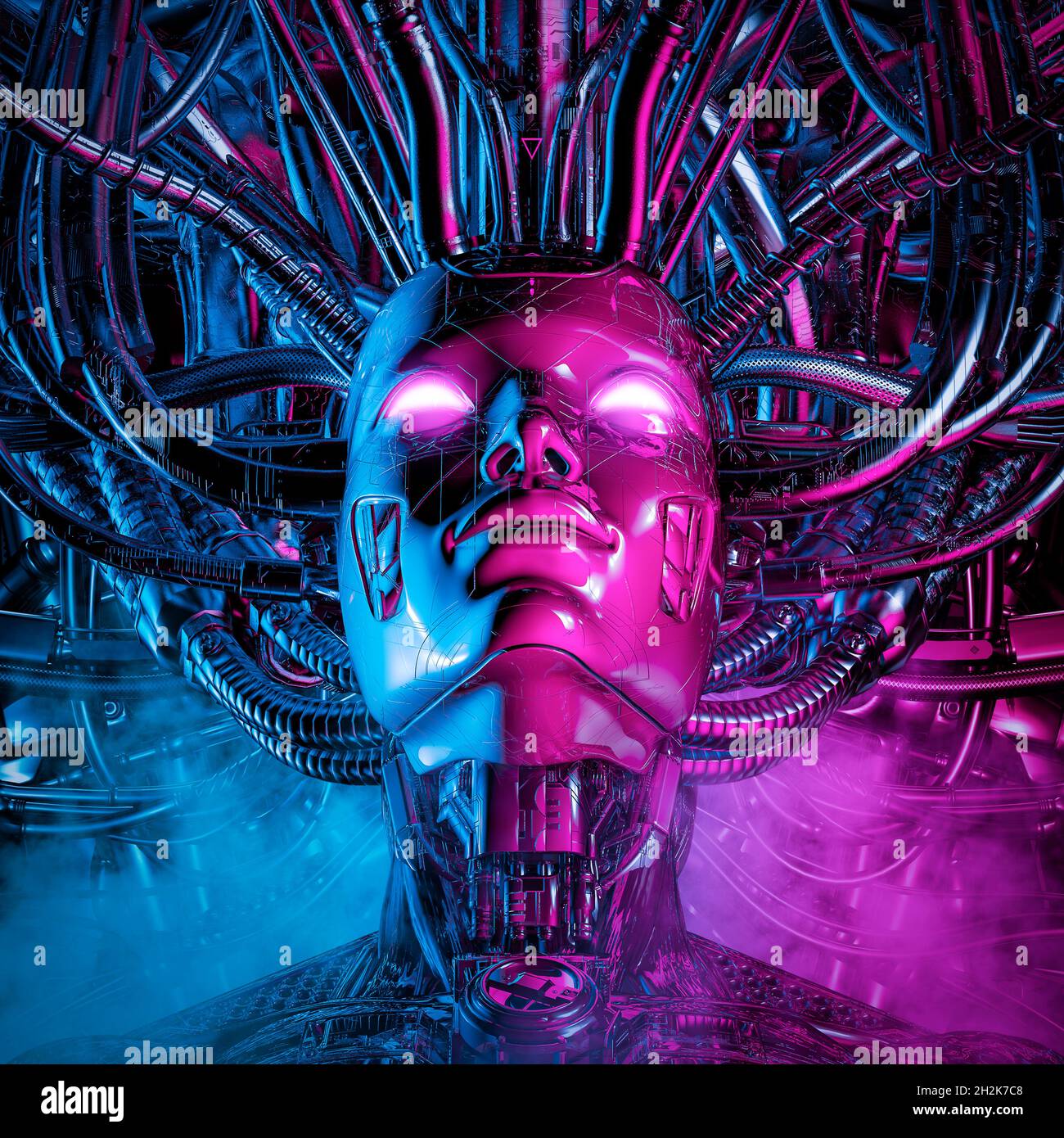 Dream of the machine - 3D illustration of metallic science fiction female artificial intelligence inside futuristic computer core Stock Photo