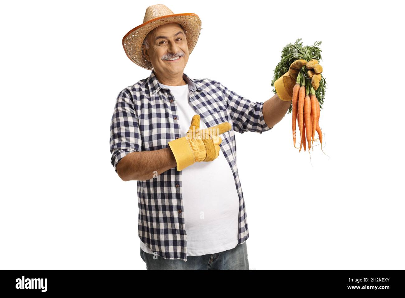 Farmer holding fresh organic carrots and pointing isolated on white background Stock Photo