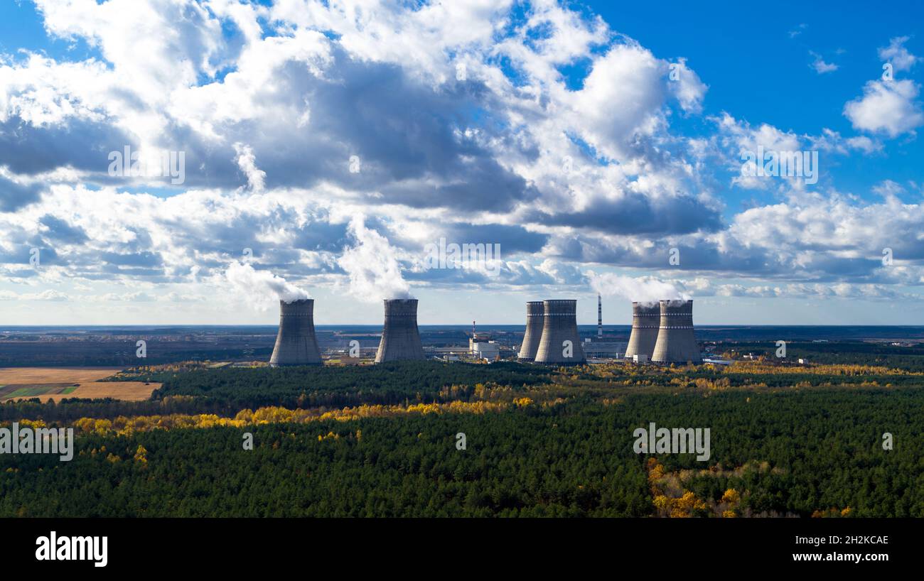 Nuclear power plant and cooling towers aerial view Stock Photo - Alamy