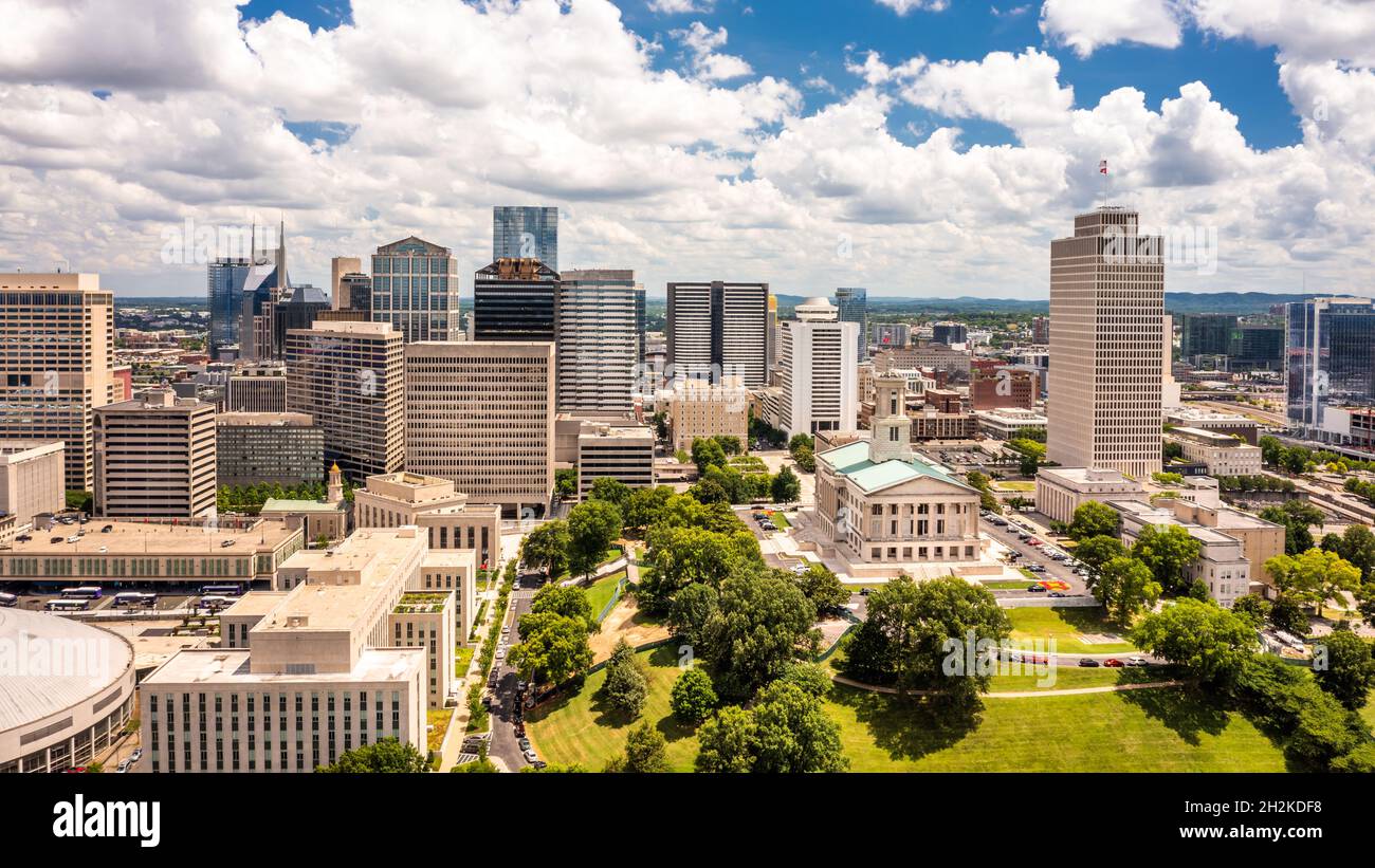 Aerial view of Nashville Capitol and skyline on a sunny day. Nashville is the capital and most populous city of Tennessee, and a major center for the Stock Photo