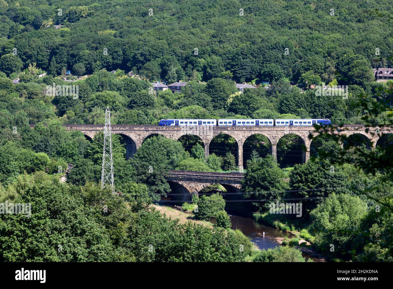 Northern Rail class 195 DMU crossing Copley Viaduct, Copley, West Yorkshire Stock Photo