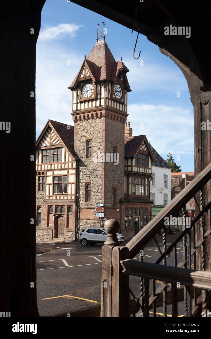 Barrett-Browning Memorial Clock Tower seen from beneath the Market House, Ledbury, Herefordshire Stock Photo
