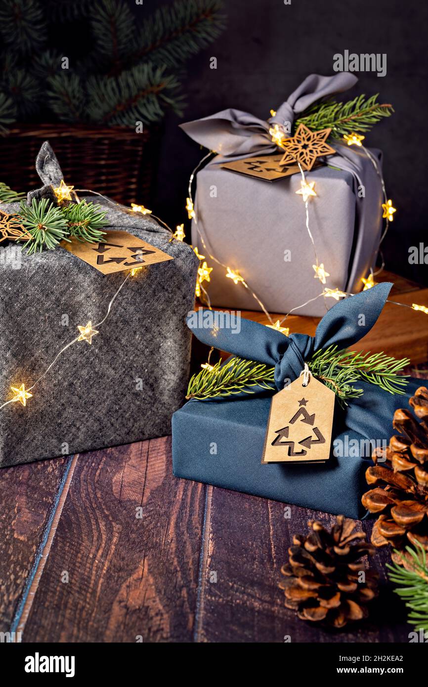 Zero Waste, Eco-friendly, sustainable furoshiki style wrapped Christmas Gifts Stock Photo