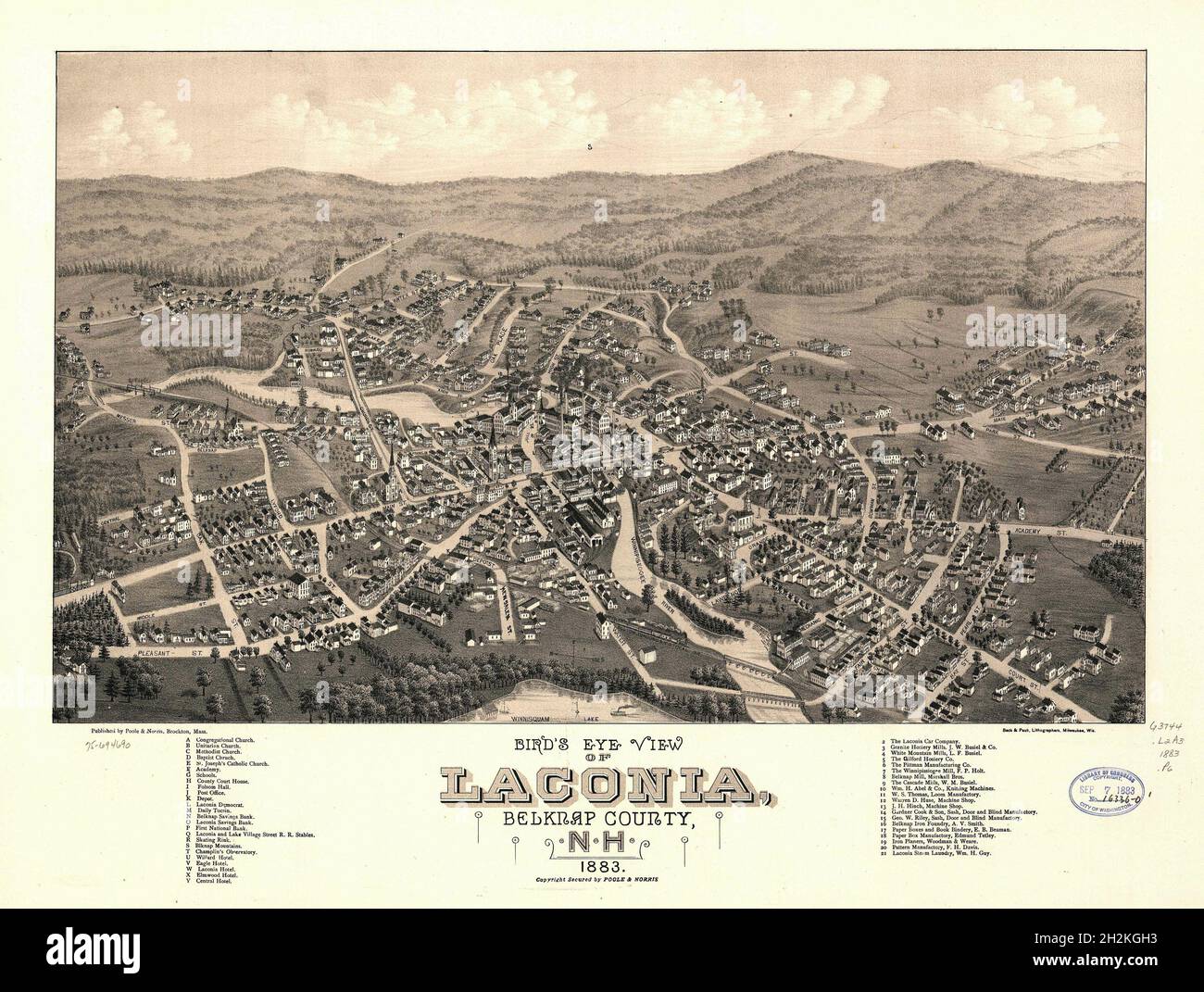 Laconia, New Hampshire map shows bird's eye view of the town in 1883