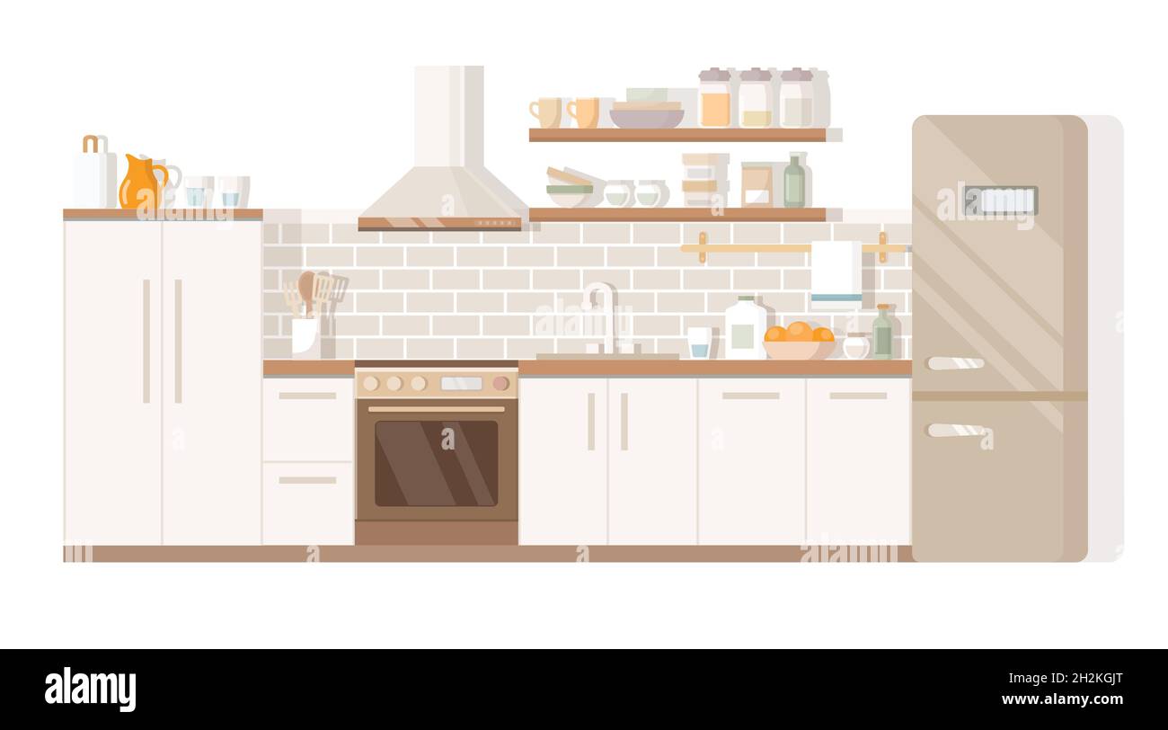 Kitchen interior home furniture table, stove and fridge Stock Vector