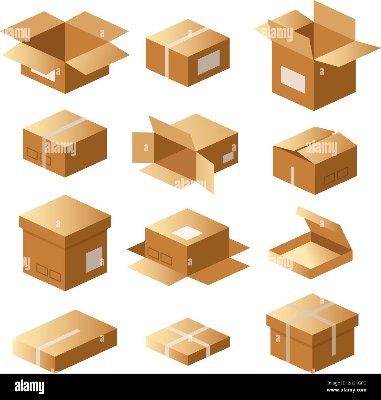 Set of cardboard boxes, carton package, shipping delivery, cargo parcel Stock Vector