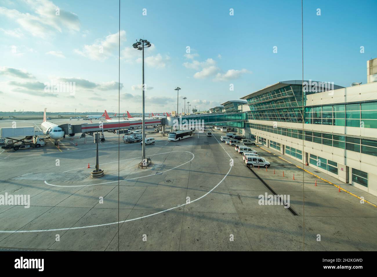 Passenger airport terminal through window Stock Photo