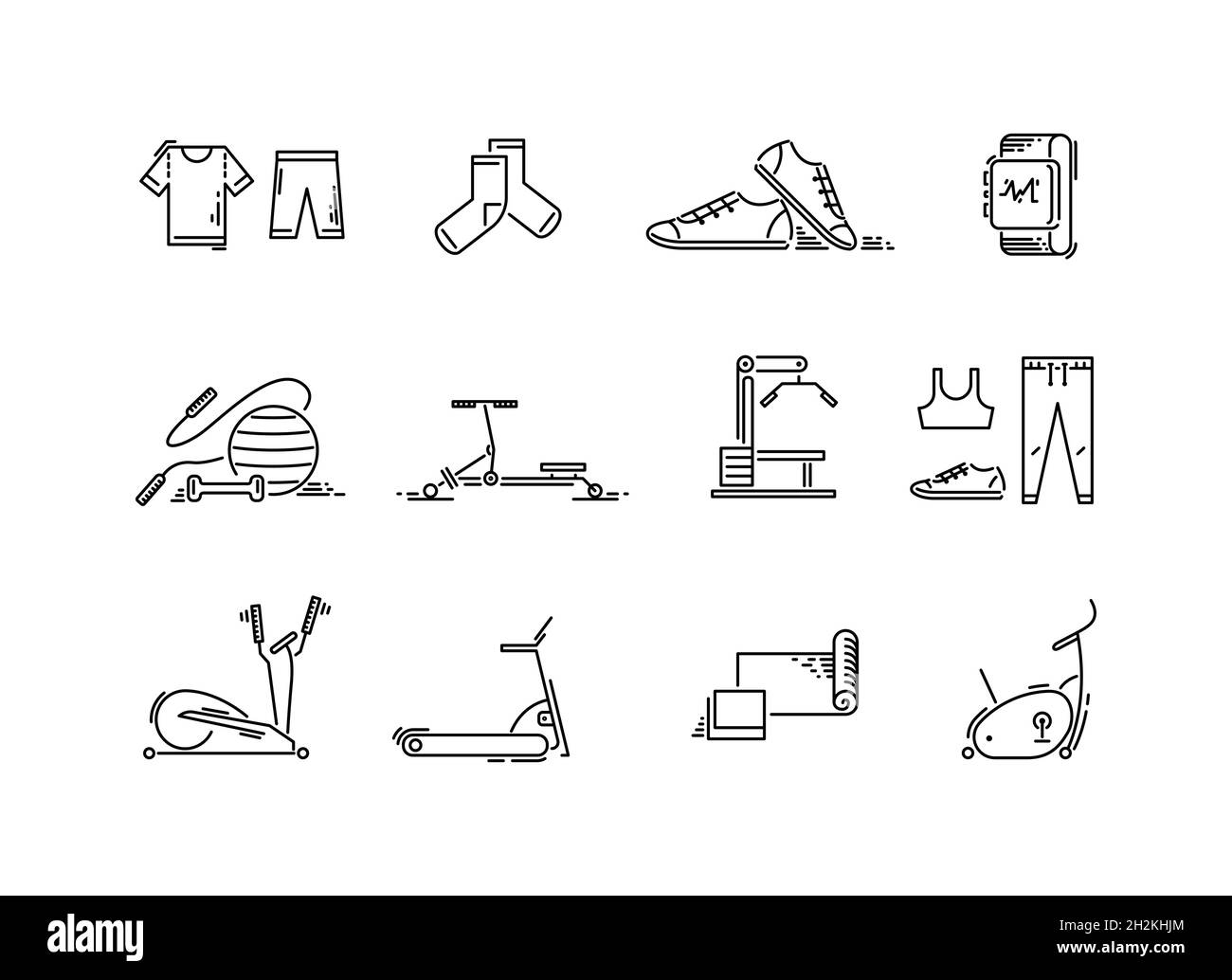 Line icons sport gym equipment. Cardio, fitness, yoga and training apparatus. Stock Vector