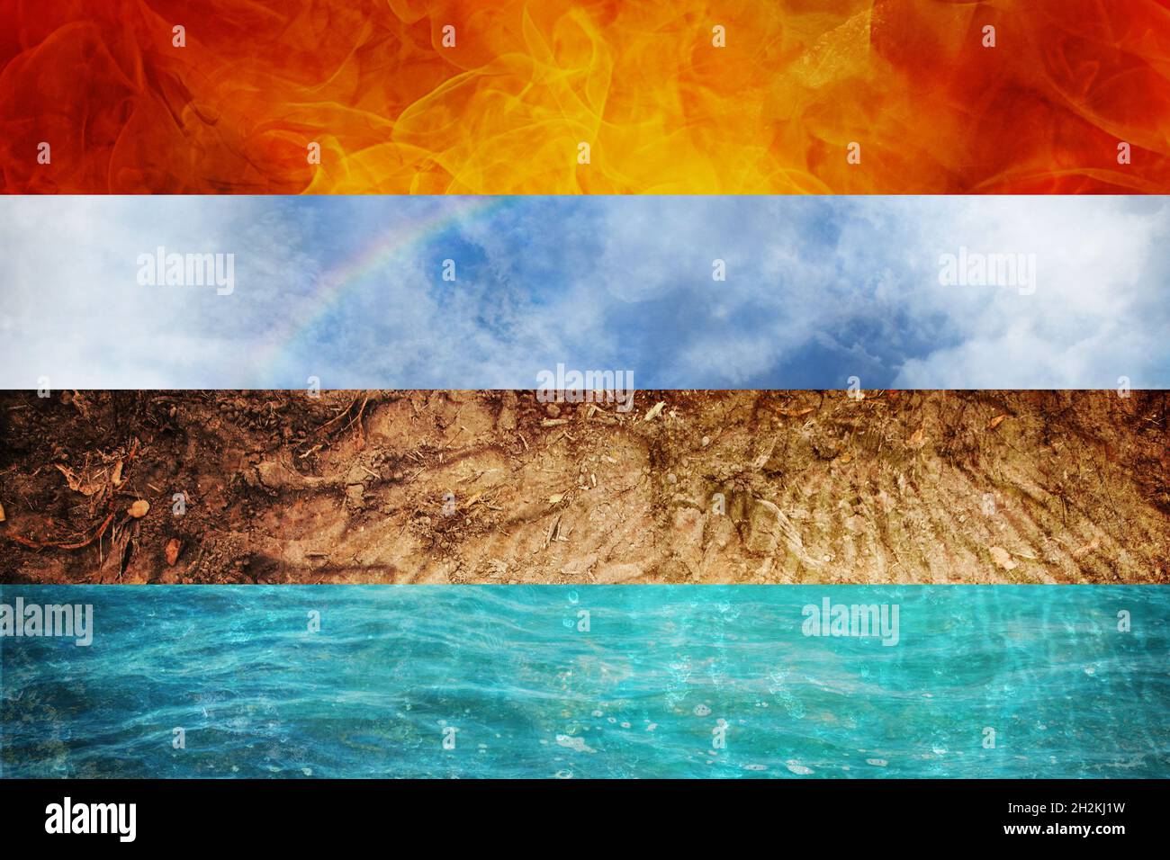 Four Elements of Nature, collage of abstract backgrounds each one in panoramic format from Fire, Air, Earth, and Water, ecology concept Stock Photo