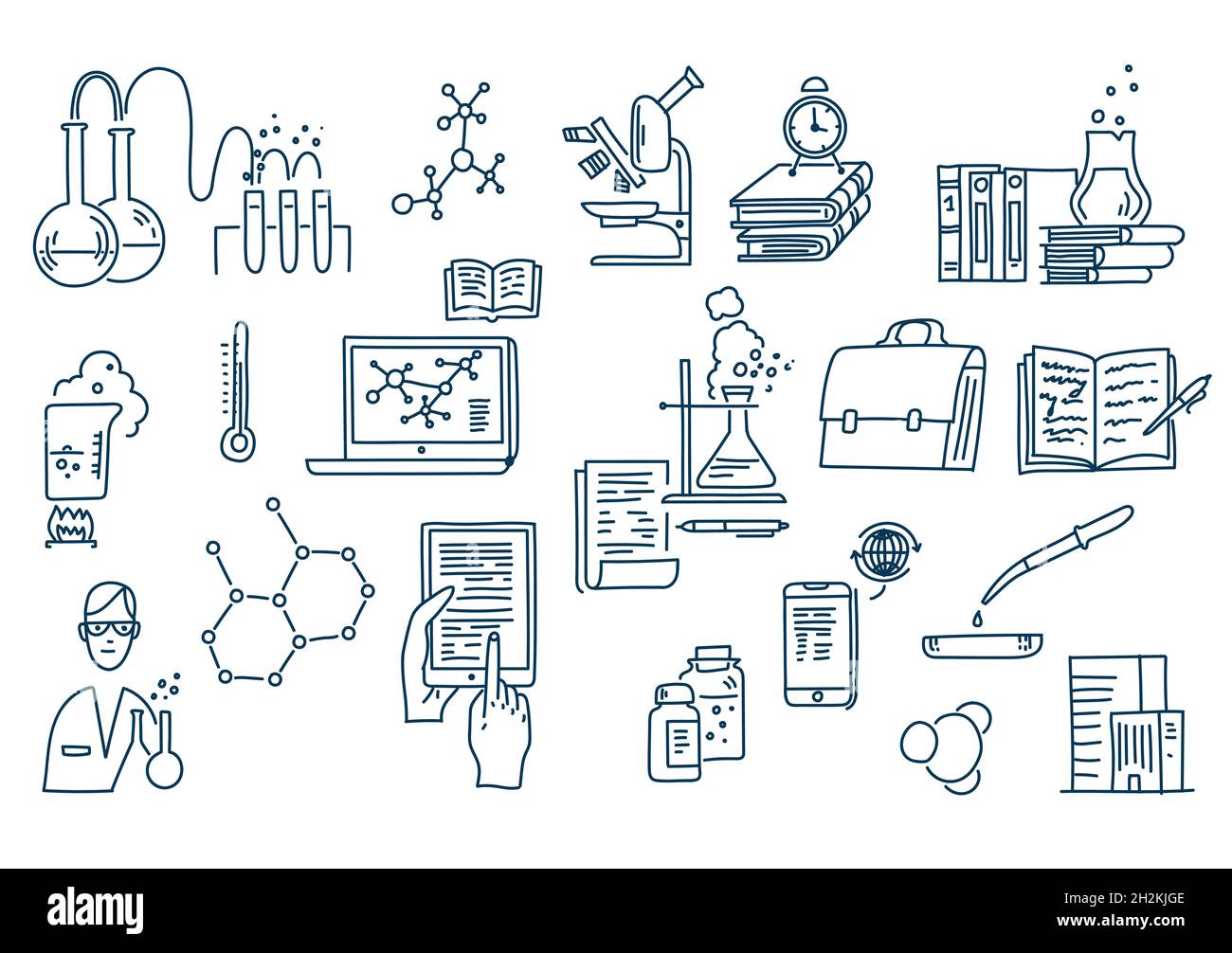 Chemistry lab work science equipment. Hand drawn formulas science