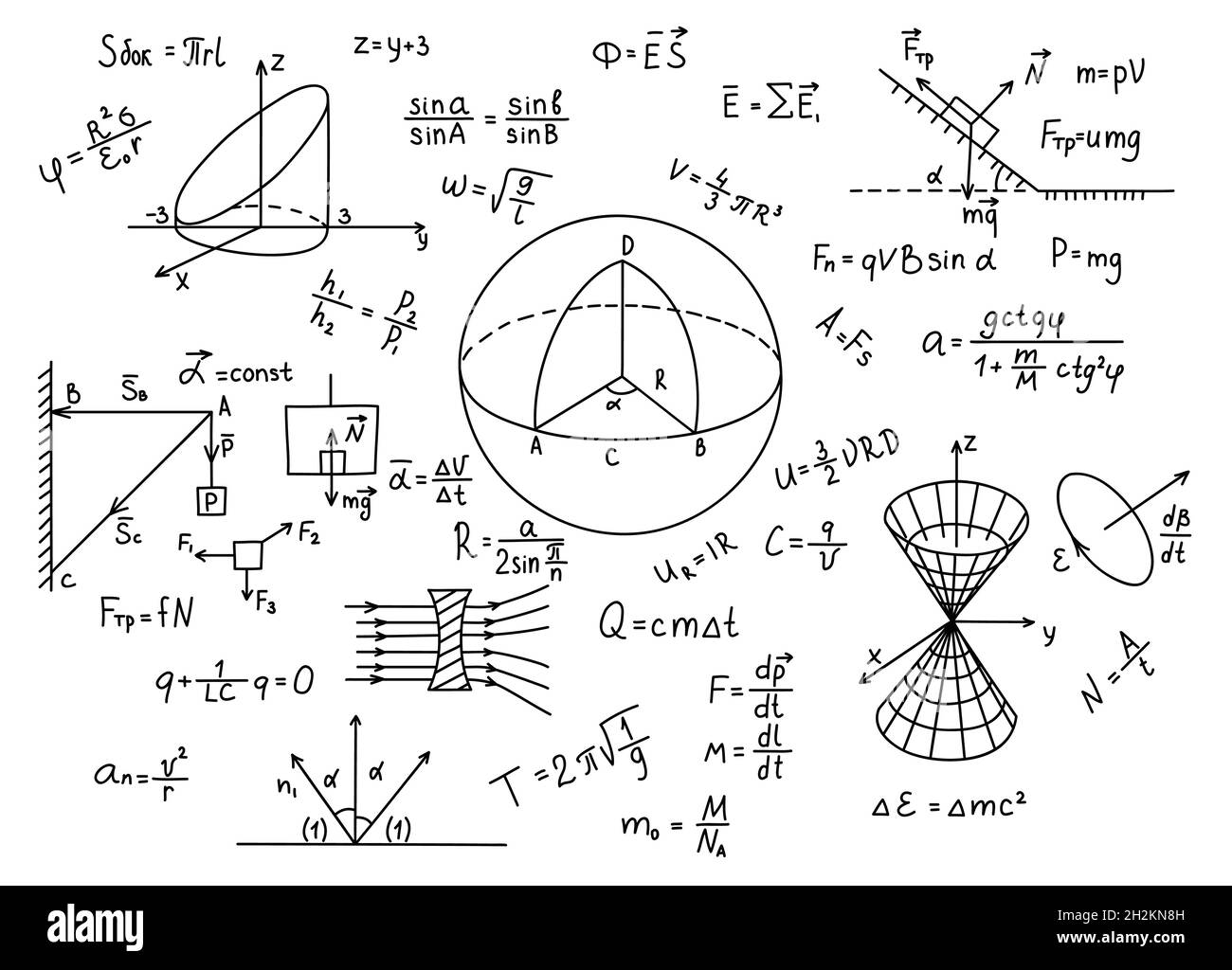 Hand drawn physics formulas Science knowledge education Stock Vector