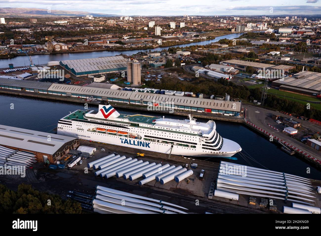 Glasgow, Scotland, UK. 22nd Oct, 2021. PICTURED: Aerial images of MS Romantika - a cruiseferry operated by the Estonian ferry company Tallink. Due to the COP26 Climate Change Conference expecting tens of thousands of people, a severe accommodation shortage has plagued Glasgow, so the climate change summit organisers have organised 2 ships - this one (pictured) currently berthed in George V Dock off the river Clyde in a bid to alleviate the hotel shortage problem. COP26 starts on 31 October. Credit: Colin Fisher/Alamy Live News Stock Photo