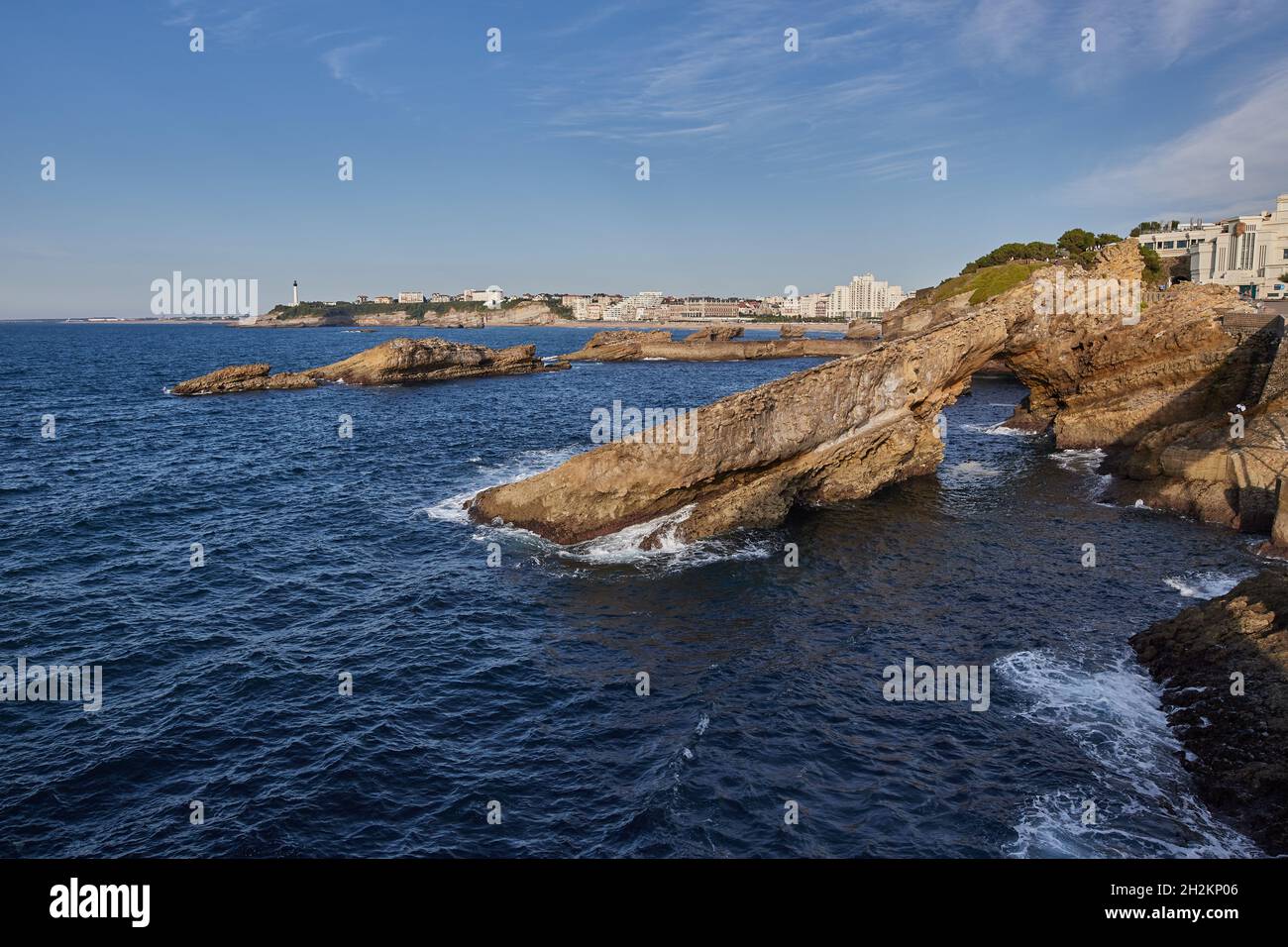 Rock formation in Rocher de la Vierge (Biarritz, France). Stock Photo