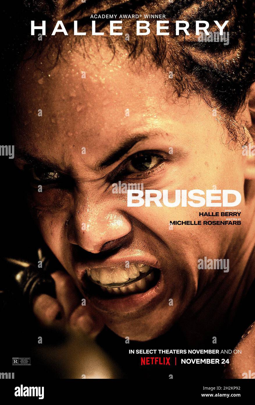 RELEASE DATE: November 24, 2021 TITLE: Bruised STUDIO: Thunder Road Pictures DIRECTOR: Halle Berry PLOT: A disgraced MMA fighter finds redemption in the cage and the courage to face her demons when the son she had given up as an infant unexpectedly reenters her life. STARRING: HALLE BERRY as Jackie Justice poster art. (Credit Image: © Thunder Road Pictures/Entertainment Pictures) Stock Photo