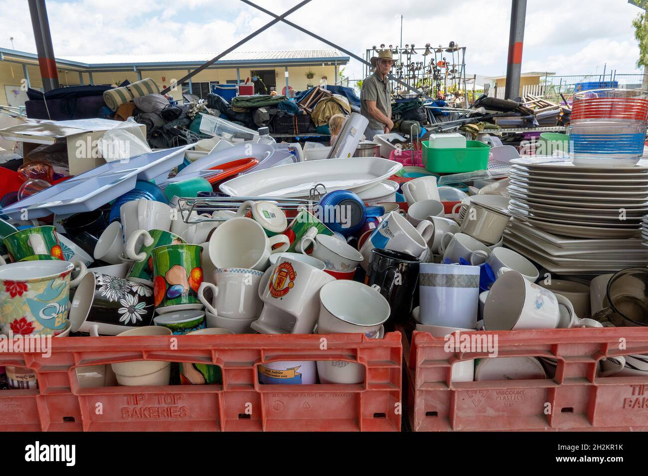 Mackay, Queensland, Australia October 2021 Piles of crockery for sale at local Tip Shop Stock