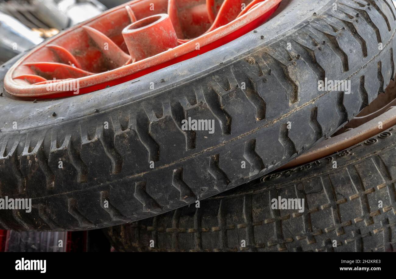 Mackay, Queensland, Australia October 2021 Small rubber tyres for sale at local Tip Shop