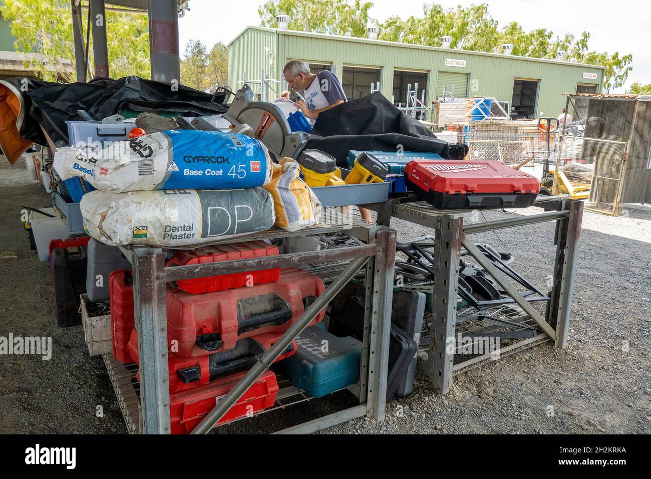 Mackay, Queensland, Australia October 2021 Bags of plaster, drums