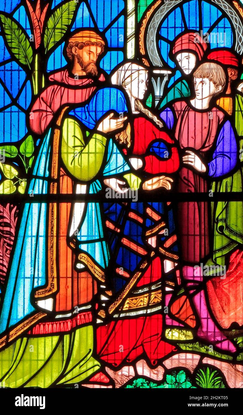 The story of Ruth, detail of stained glass window, by Robert Bayne, of Heaton  Butler & Bayne, 1862, Sculthorpe church, Norfolk England UK Stock Photo