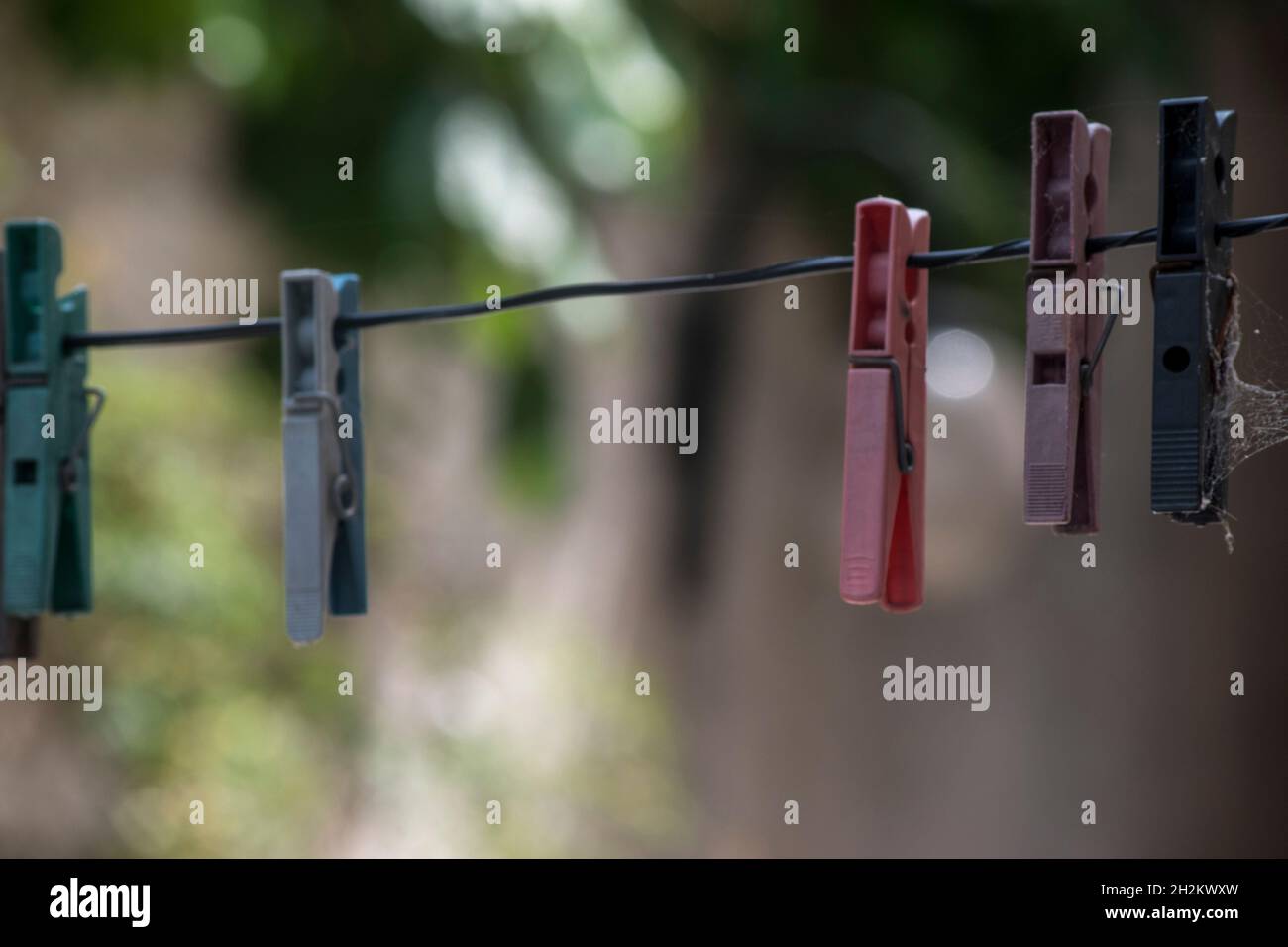 plastic clips to hang freshly washed clothes Stock Photo