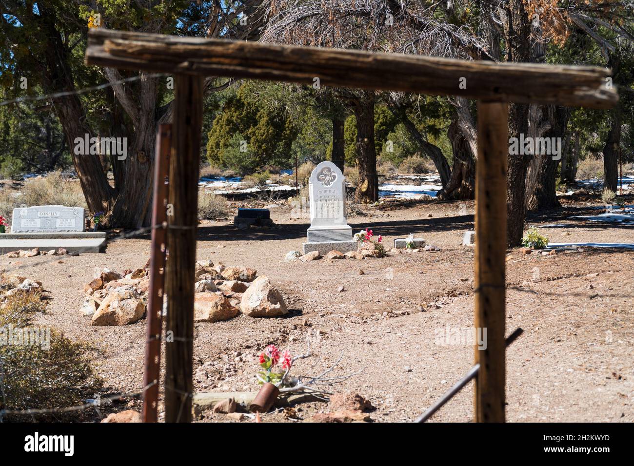 The cemetery in the old mining town of Aurora, which has been abandoned since the early 1940's. Stock Photo