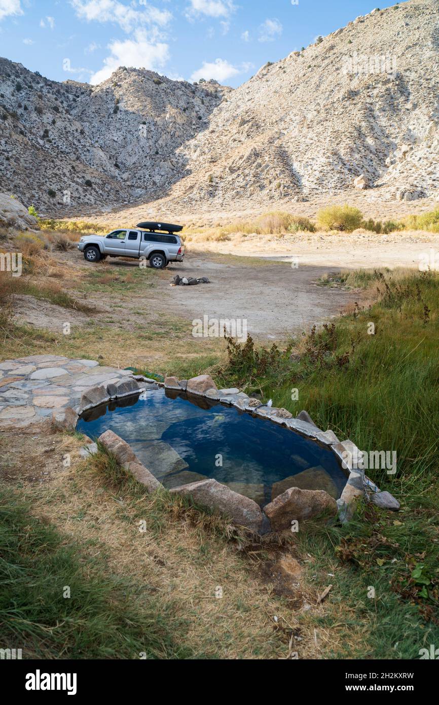 Road trip to a remote hot springs in a steep nevada canyon somewhere in the desert near the town of Hawthorn. Stock Photo
