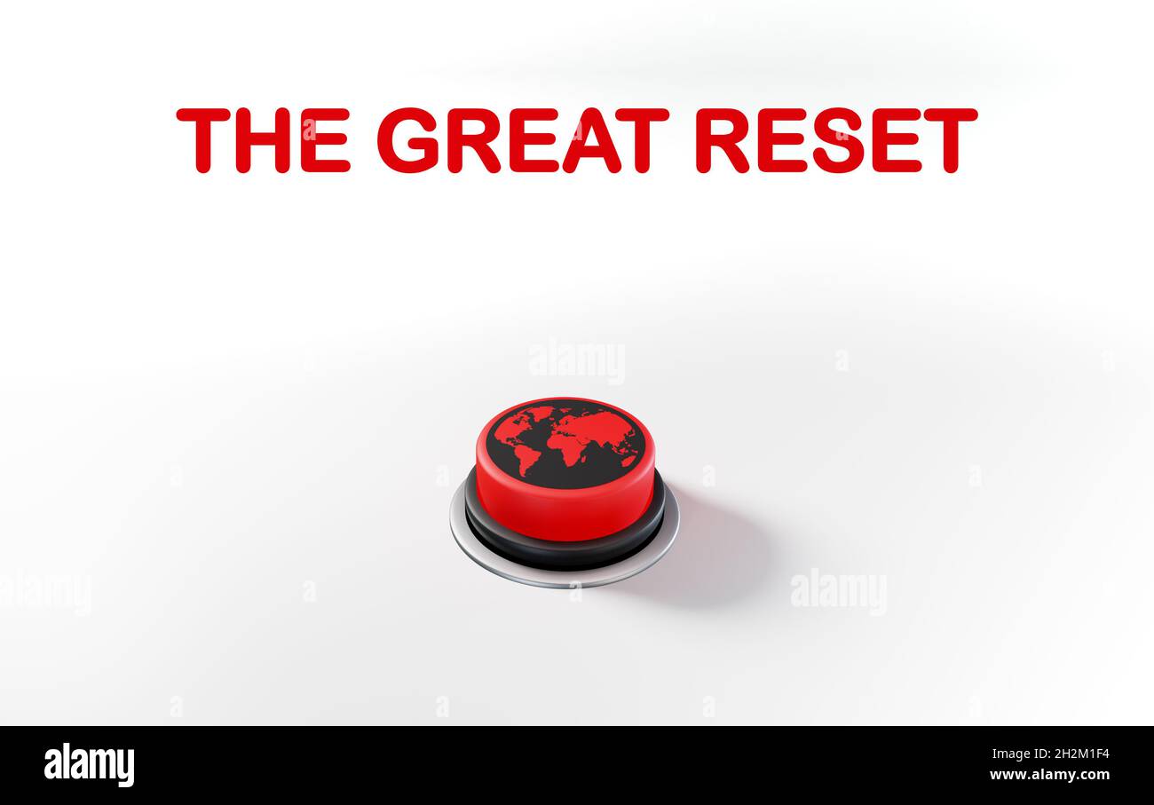 The Great Reset text, red push button with illustration of the world on it, economic reset concept illustration Stock Photo