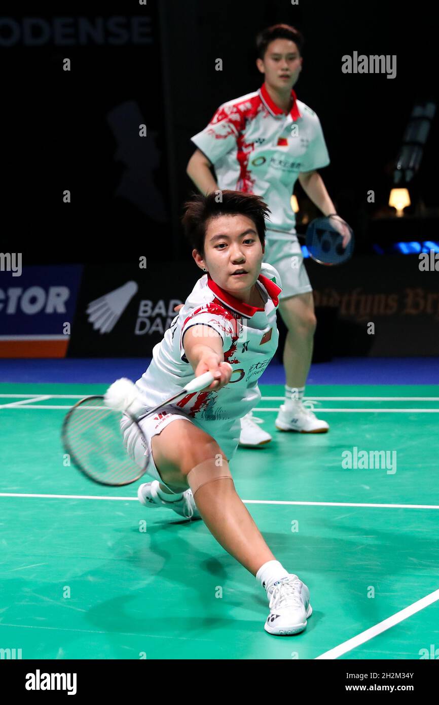 Odense, Denmark. 22nd Oct, 2021. Du Yue (front)/Li Wenmei compete during a  women's doubles quarterfinal between Du Yue/Li Wenmei of China and  Jongkolphan Kititharakul/Rawinda Prajongjai of Thailand at the Victor  Denmark Open
