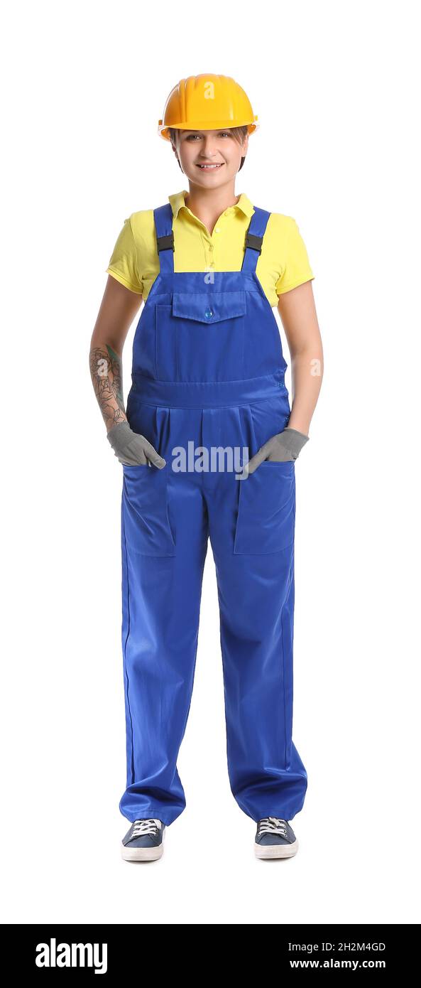 Female construction worker in uniform on white background Stock Photo