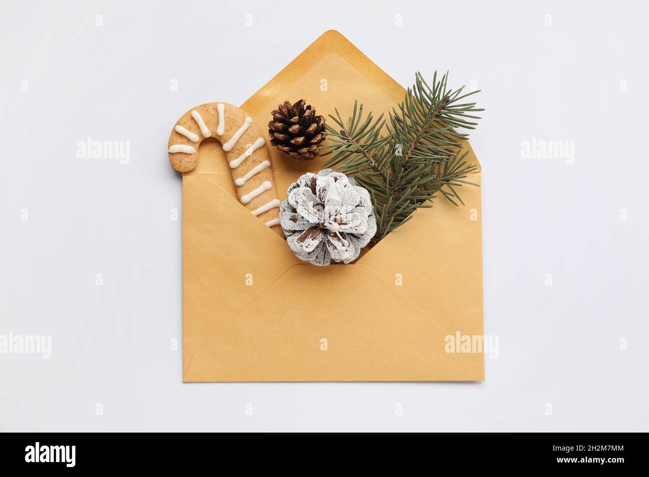 Envelope with fir tree branch, pine cones and cookie on white ...