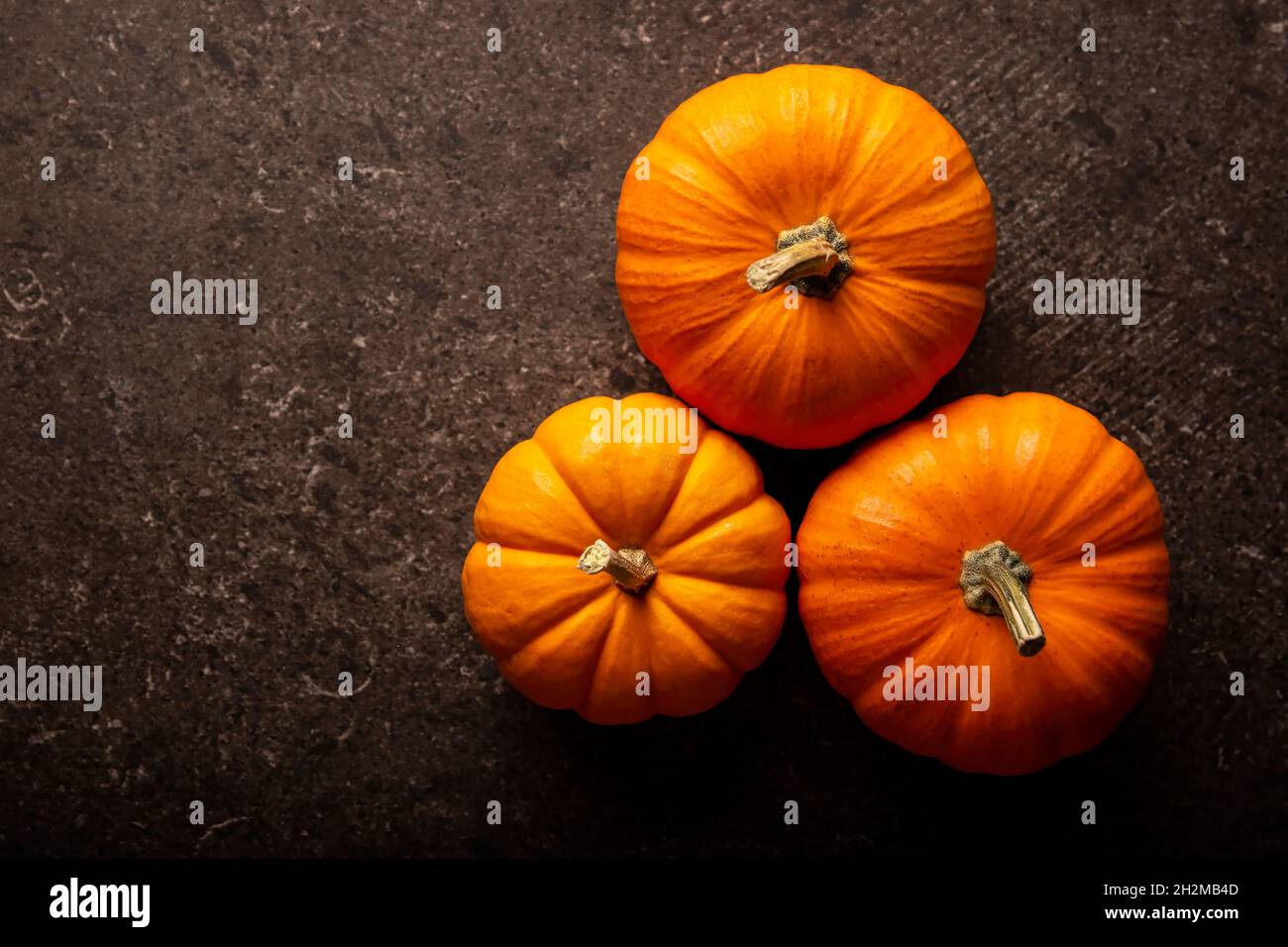 Top view of orange pumpkins with copy space. Pumpkins are widely grown for commercial use and as food, aesthetics, and recreational purposes. Much con Stock Photo
