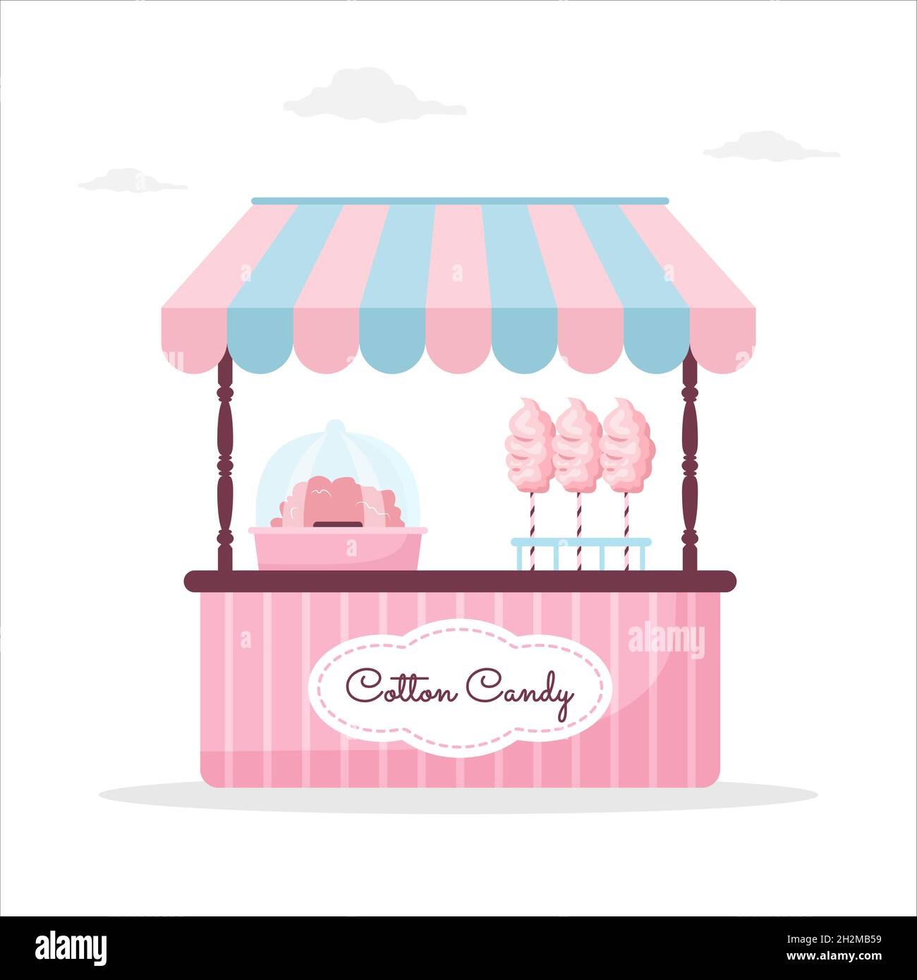 Pink cotton candy stall counter. Outdoor market with street food. Vector illustration in flat cartoon style Stock Vector