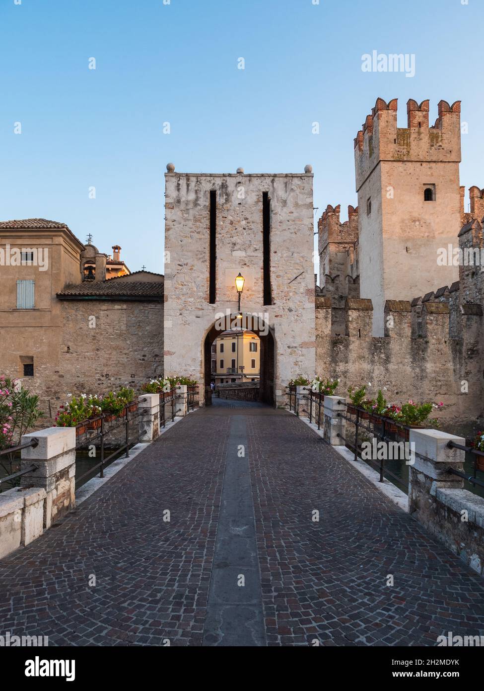 Sirmione Draw Bridge City Gate and Entrance to the Old Town in the Early Morning Stock Photo