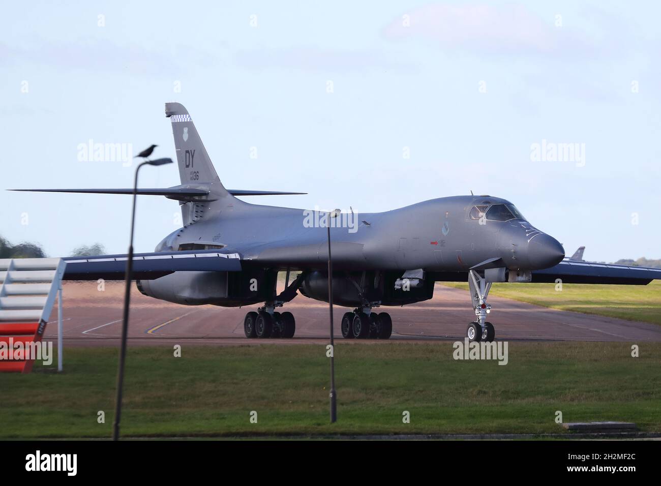 A USAF Rockwell B1-B Lancer variable-sweep wing Strategic Bomber taxiing at RAF Fairford, UK Stock Photo