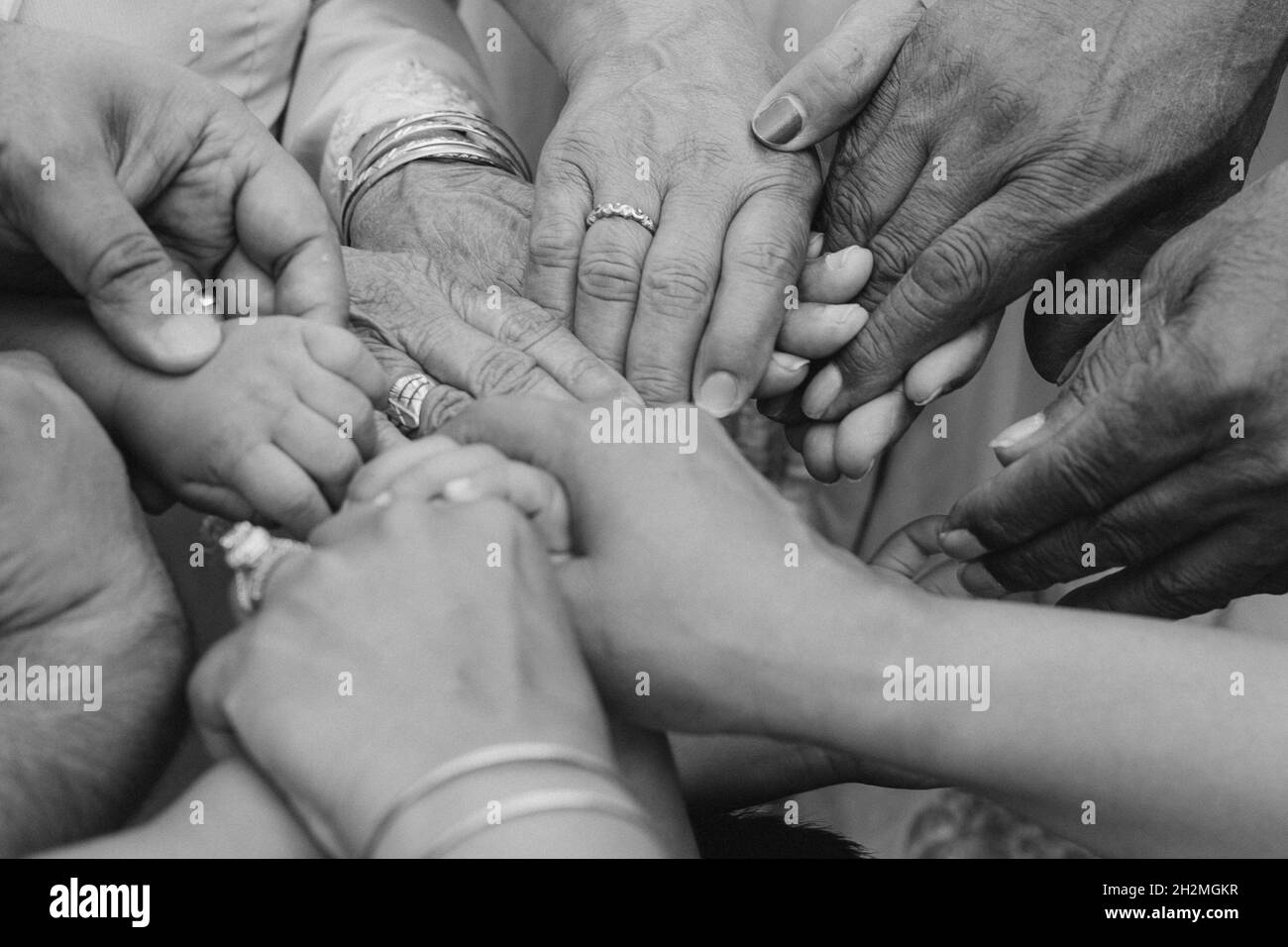 multiracial group with black african American Caucasian and Asian hands holding each other wrist in tolerance unity love and anti racism concept Stock Photo