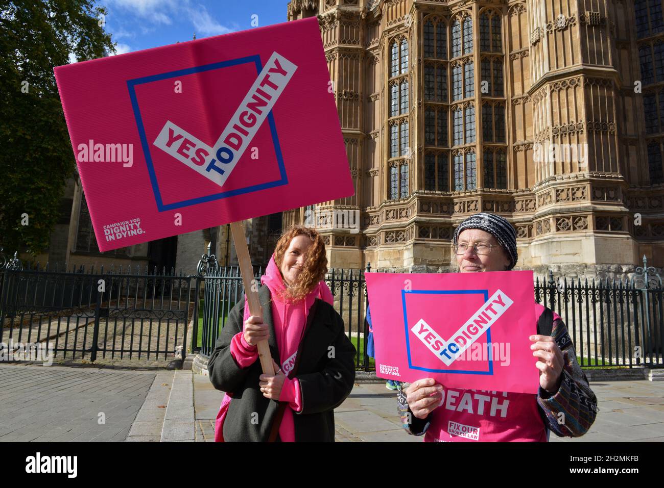 Protesters seen holding placards expressing their opinion at Abingdon Street during the demonstration. Protesters support legal euthanasia for terminally ill patients with full mental capacity, and who are not expected to live more than six months. Stock Photo