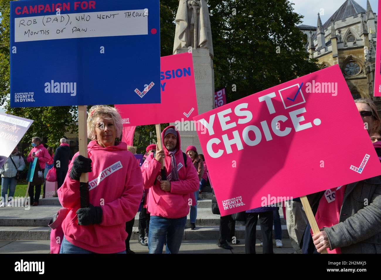 Protesters seen holding placards expressing their opinion at Abingdon Street during the demonstration. Protesters support legal euthanasia for terminally ill patients with full mental capacity, and who are not expected to live more than six Stock Photo