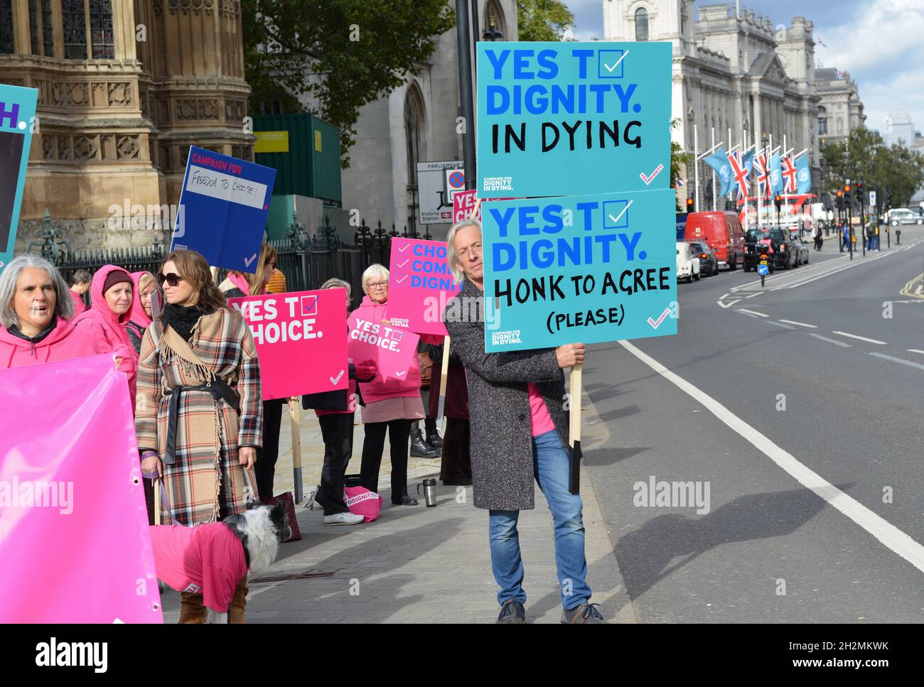 A man holds a placard expressing his opinion at Abingdon Street during the demonstration. Protesters are calling for support and protection for terminally ill people seeking a chance in the law to allow for assited suicide for them. Stock Photo