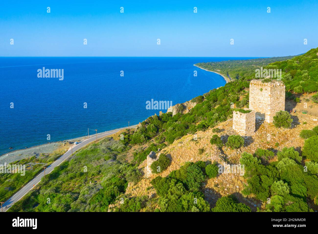 Ruins of the Temple of the Great Gods and medieval towers at Paleopolis in Samothraki island,Greece. Stock Photo