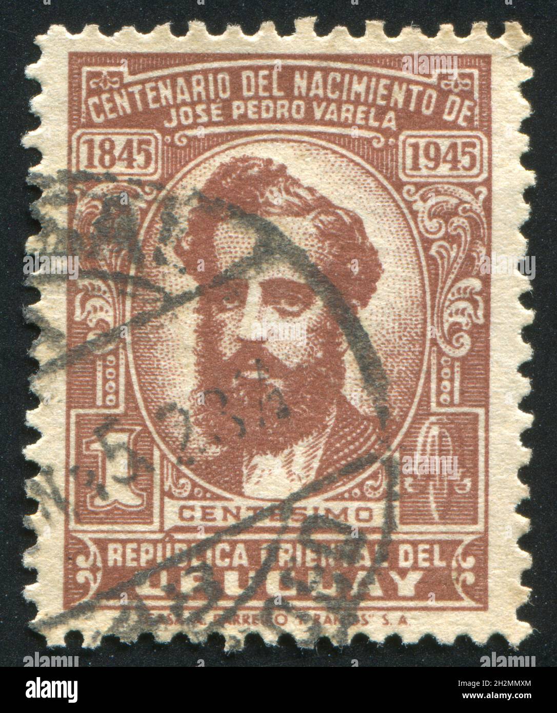 URUGUAY - CIRCA 1944: stamp printed by Uruguay, shows Jose Pedro Varela, circa 1944 Stock Photo