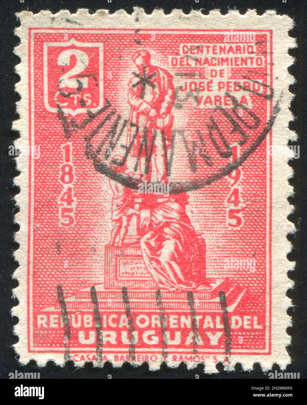 URUGUAY - CIRCA 1945: stamp printed by Uruguay, shows Monument to Jose Pedro Varela, circa 1945 Stock Photo