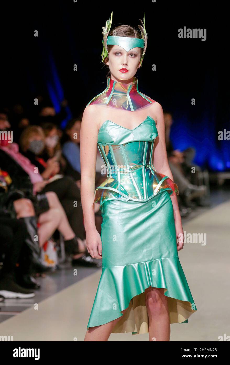 Vancouver, Canada. 22nd Oct, 2021. A model displays a creation by "Emerald  Queen Art" brand during the Vancouver Fashion Week in Vancouver, British  Columbia, Canada, Oct. 22, 2021. Vancouver Fashion Week returned