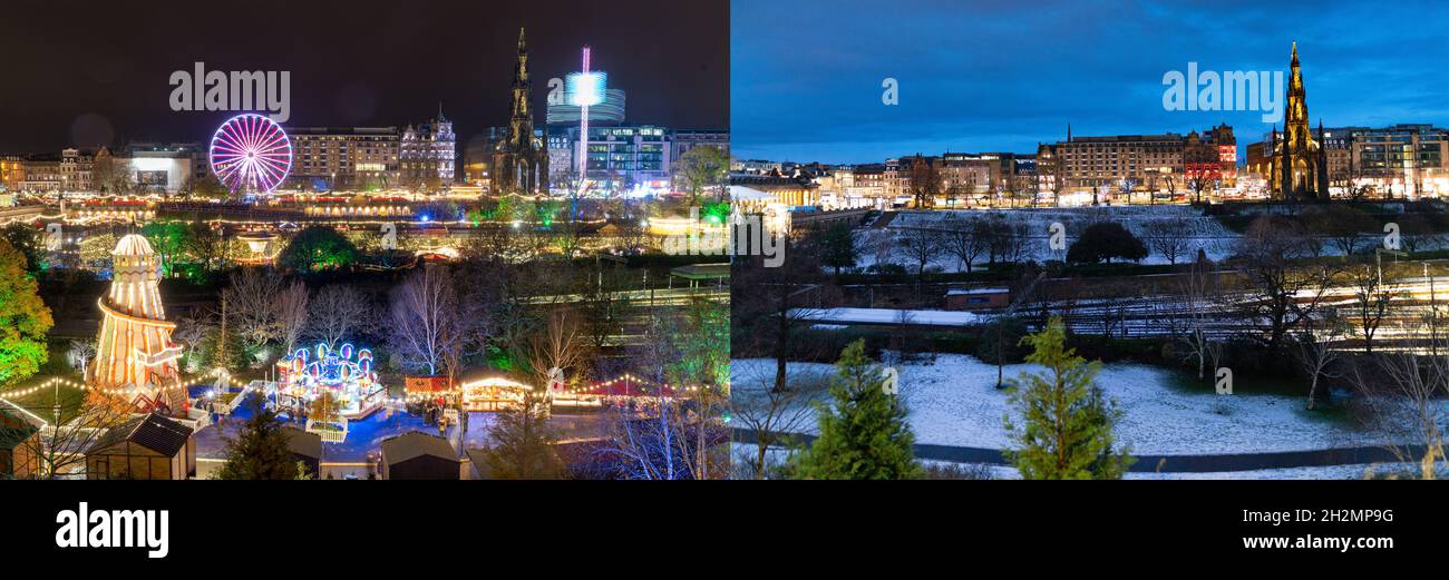 Contrasting mages from Hogmanay in 2019 and 2020 showing the effects of the Covid-19 lockdown on celebrations in the city. Stock Photo