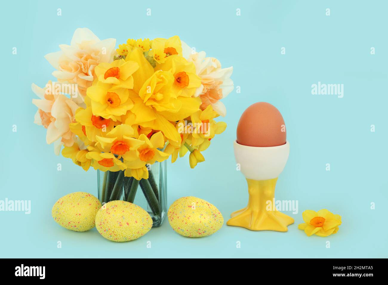 Easter egg themed Spring composition with decorated eggs, healthy brown breakfast egg in cute chicken eggcup, vase of daffodils Stock Photo