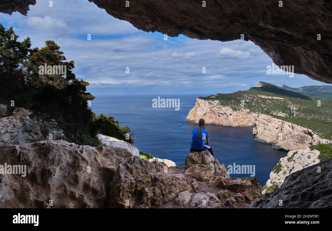 View from Grotta dei vasi rotti, natural cave in Capo Caccia, Alghero, Sardinia, Italy Stock Photo