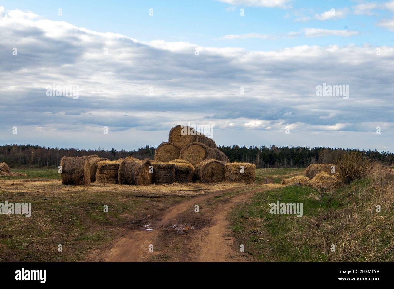 A pile of straw bales lying close to the sandy road against cloudy sky Stock Photo