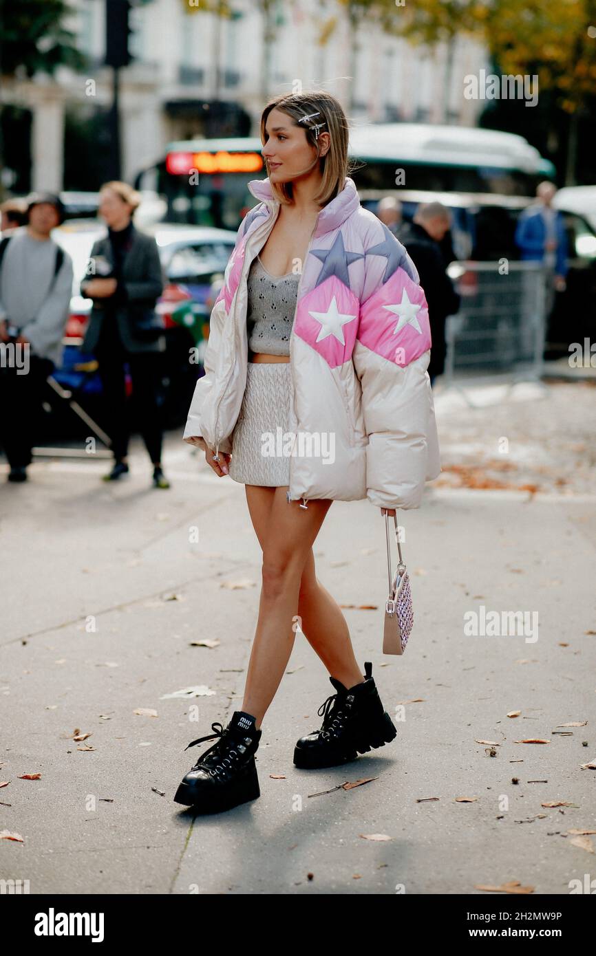 Street style, Sasha Meneghel arriving at Miu Miu Spring Summer 2022 show, held at Palais Iena, Paris, France, on October 5, 2021. Photo by Marie-Paola Bertrand-Hillion/ABACAPRESS.COM Stock Photo