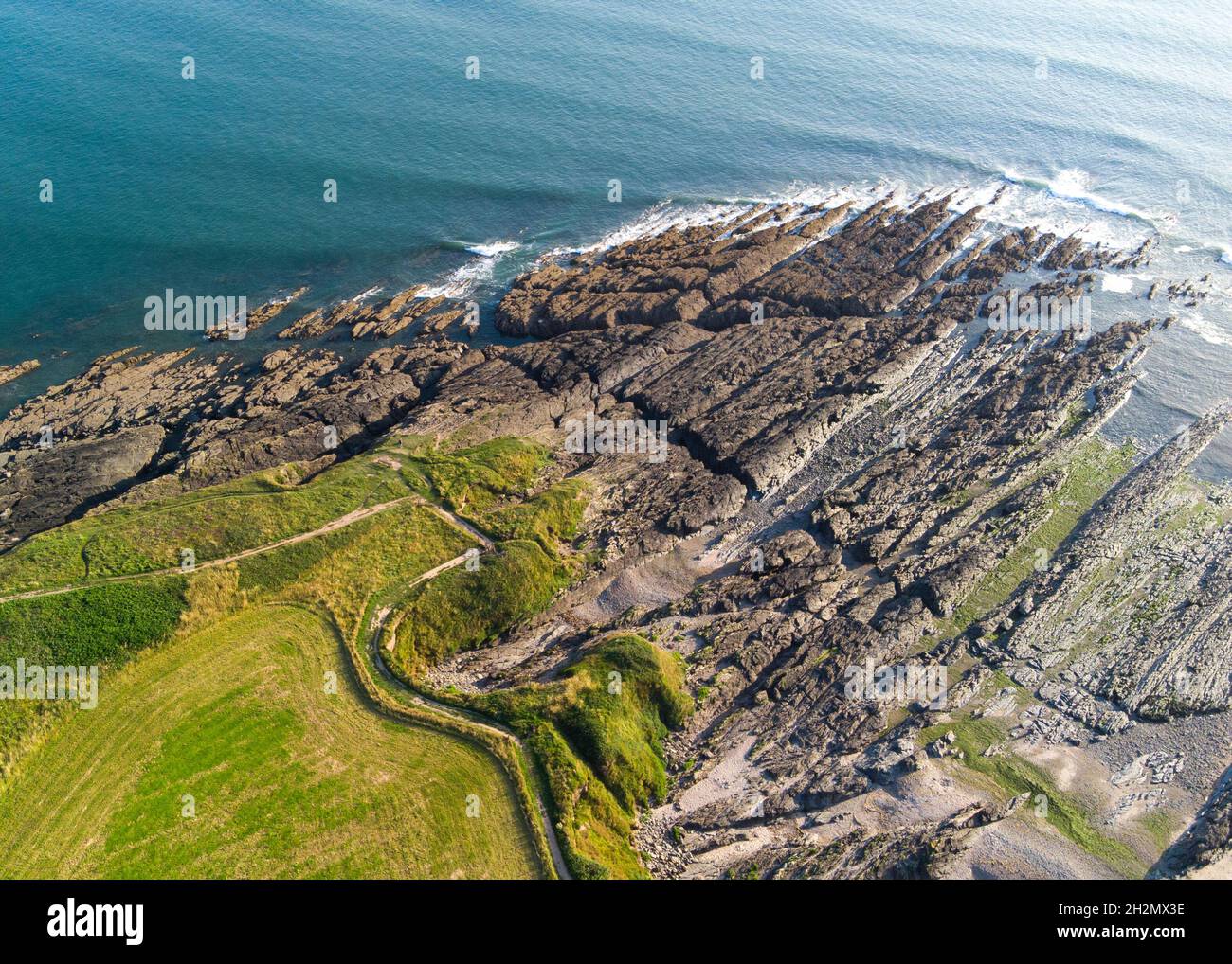 Aerial view of the rocky coastline - Croyde, Devon, England Stock Photo