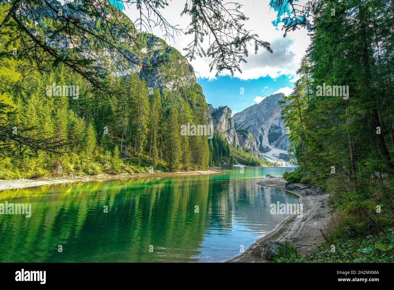 Mystical green water at Lake Prags in the italian dolomite alps in autumn Stock Photo