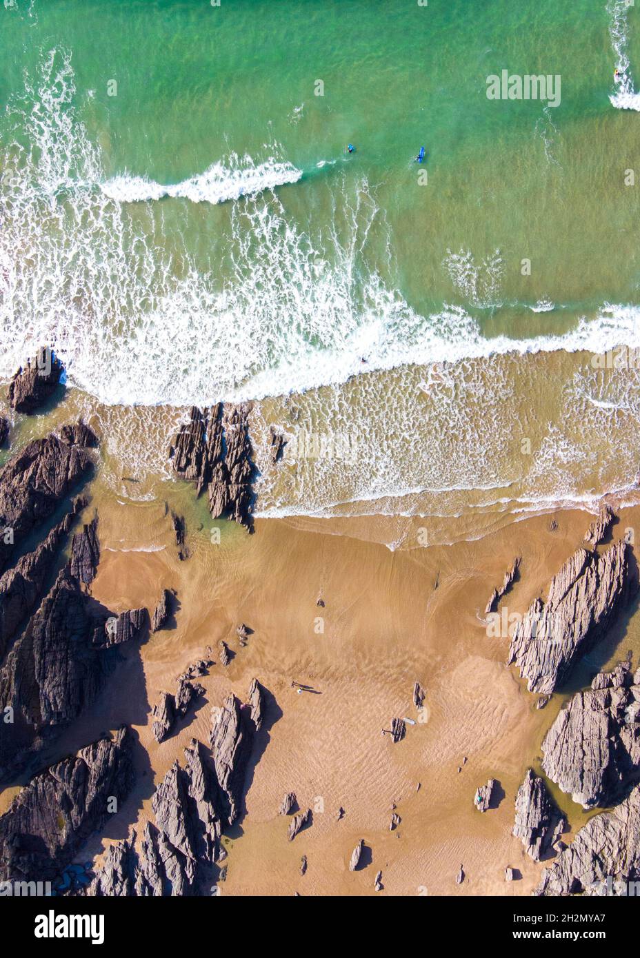 Top down drone shot of Combesgate Beach - Woolacombe, Devon, England Stock Photo