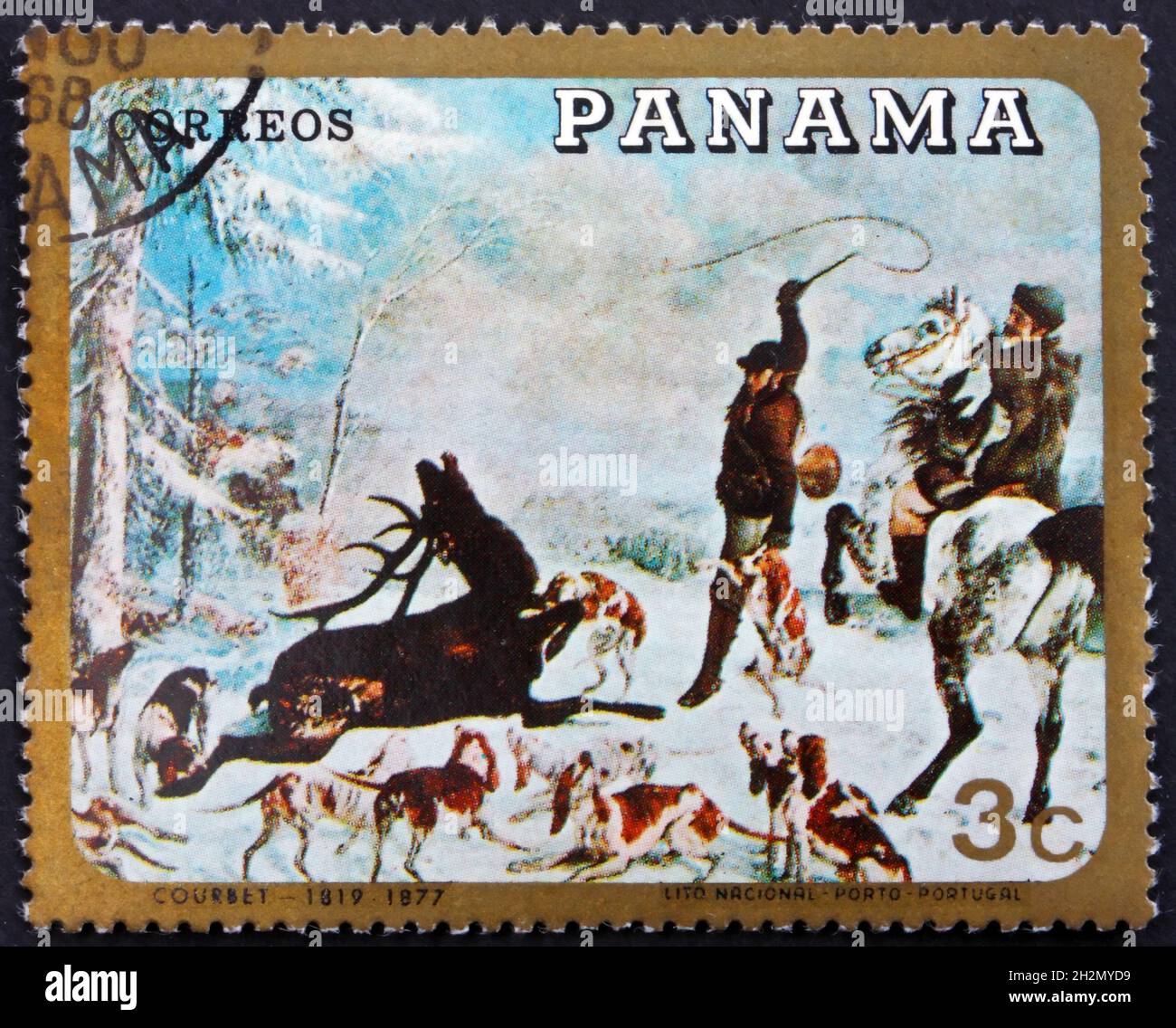 PANAMA - CIRCA 1968: a stamp printed in Panama shows hunting scene, painting by Courbet, the Elder, circa 1968 Stock Photo